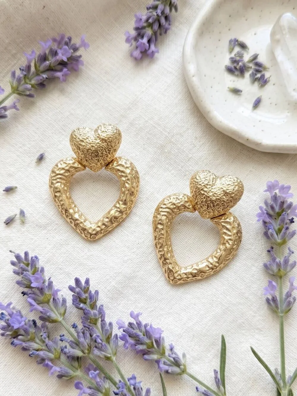 18K Gold Plated SS Coquette Mob Wife Double Heart Hammered Statement Studs 1.9in